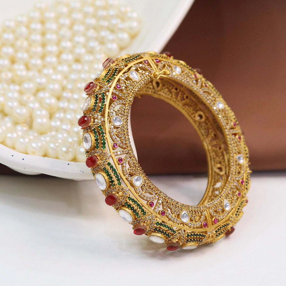 Regal Heritage Kundan Polki Openable Kada – Ruby & Emerald Detailing