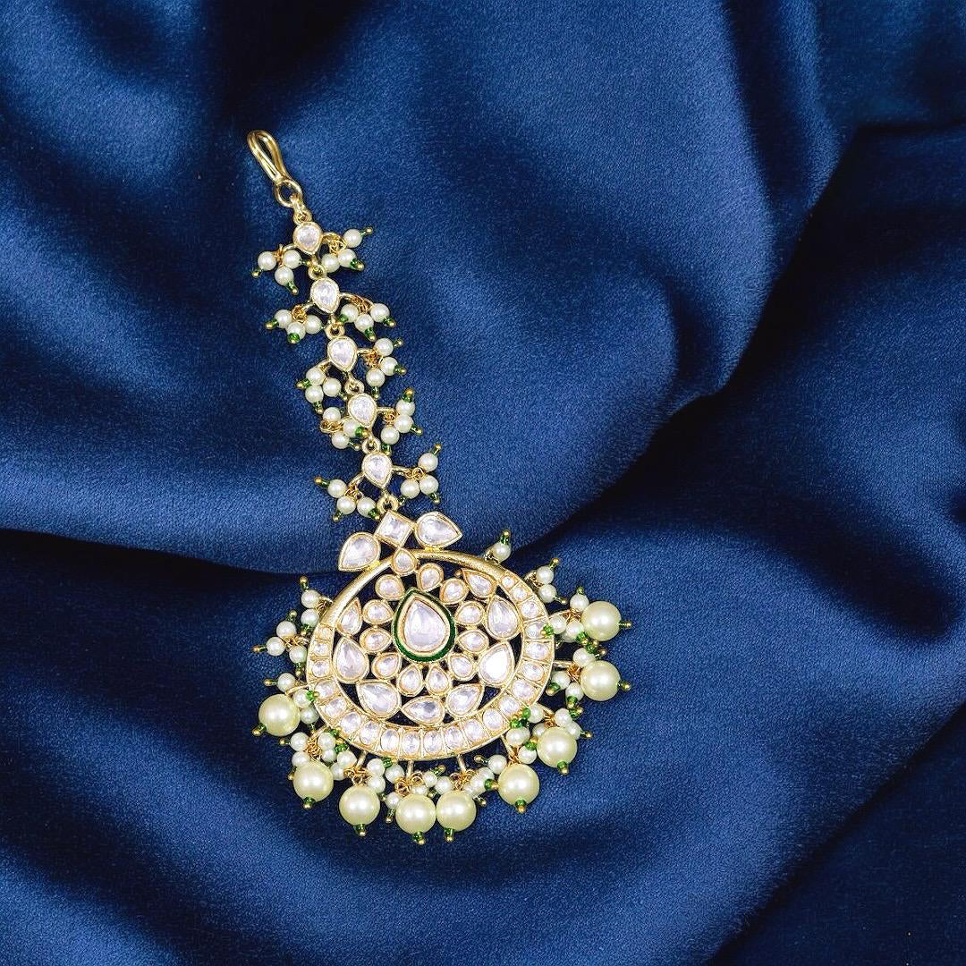 Punjabi Teardrop Stone Work Green Maangtikka For Women