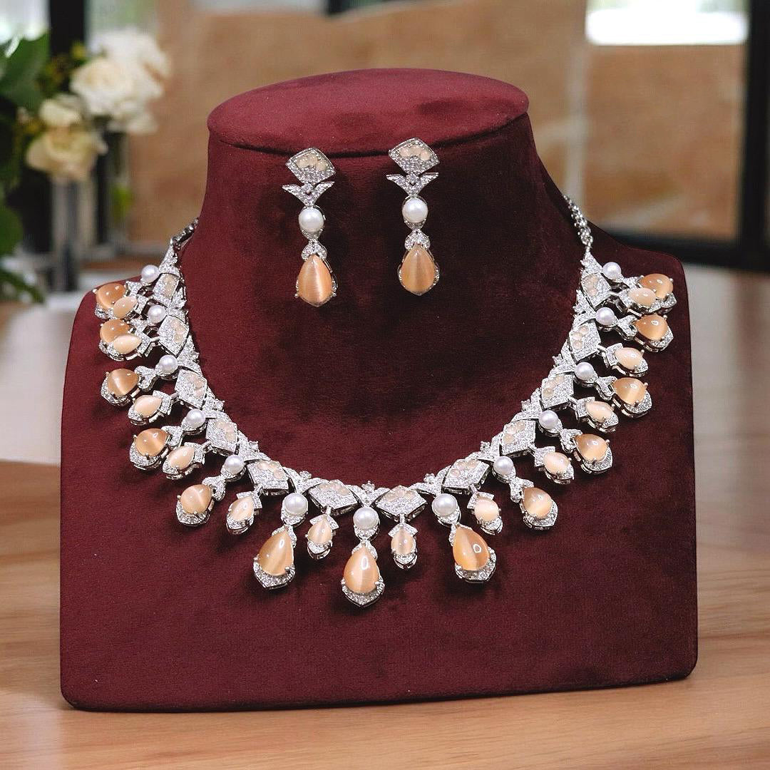 Exquisite Silver Plated Teardrop Indian Wedding Necklace Earrings Set For Women