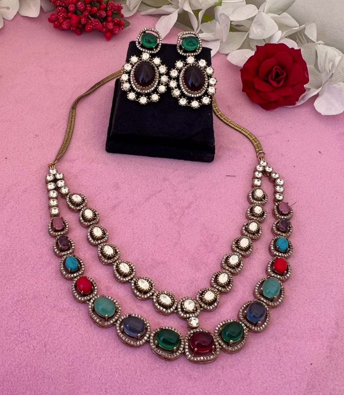 Pakistani Royal Layered Polki Work Necklace Earrings For Wedding