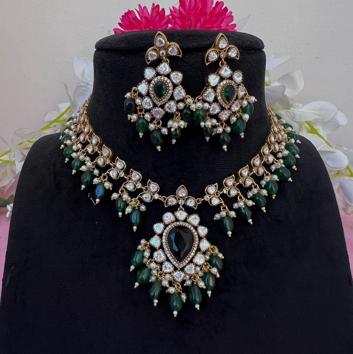 Pakistani Flower Design Polki Necklace Earrings Set For Women