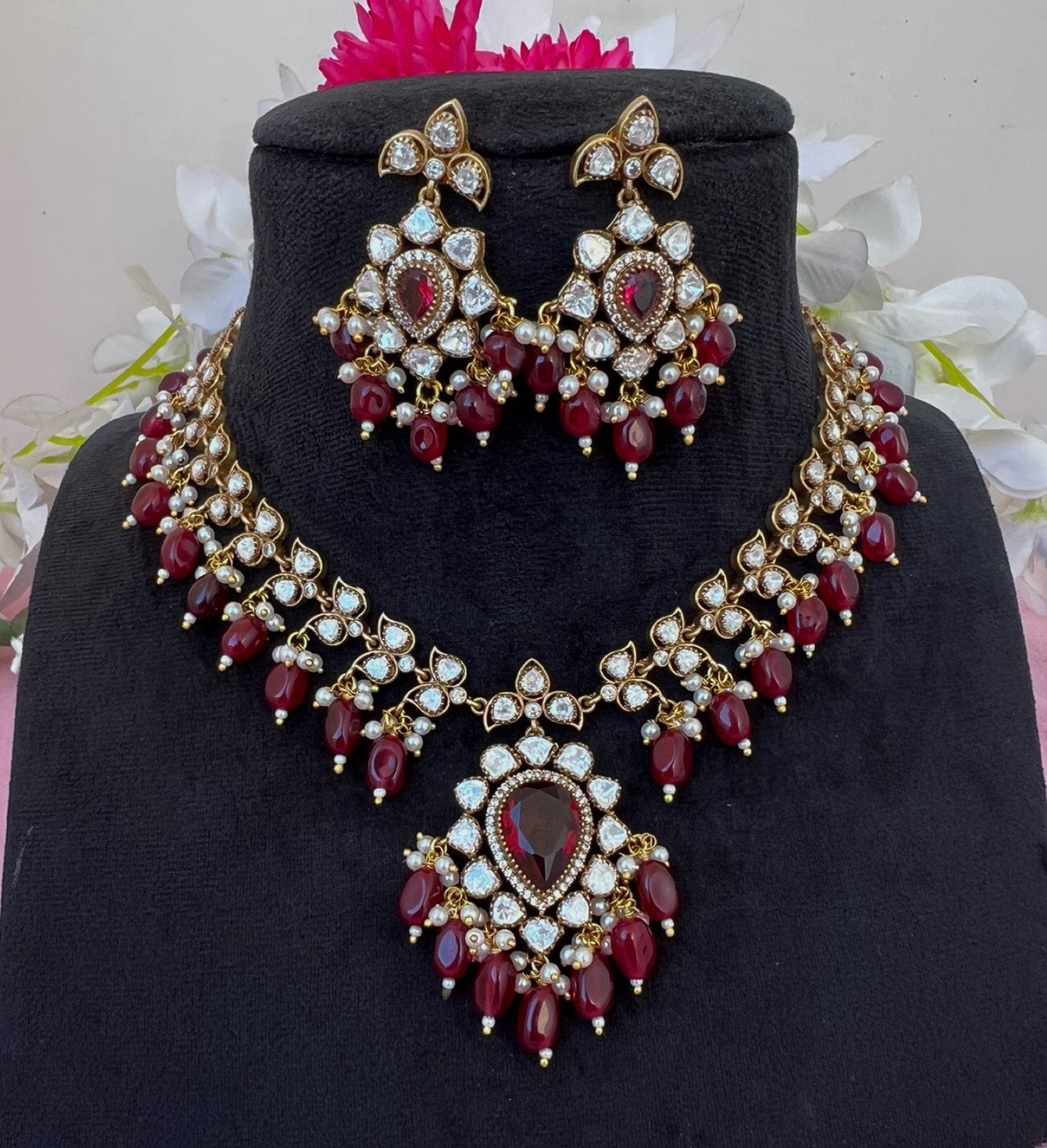 Pakistani Flower Design Polki Necklace Earrings Set For Women