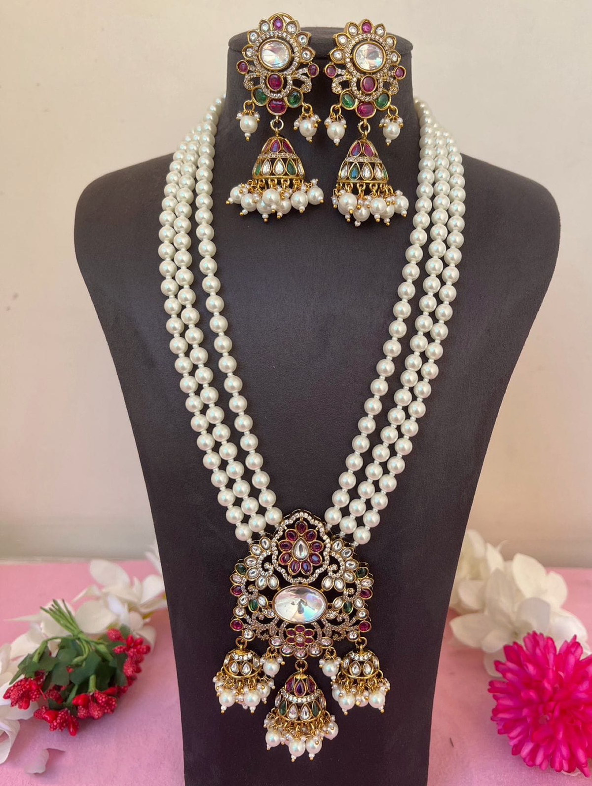 Indian Multi Layer Traditional Polki Necklace Earrings Set For Wedding