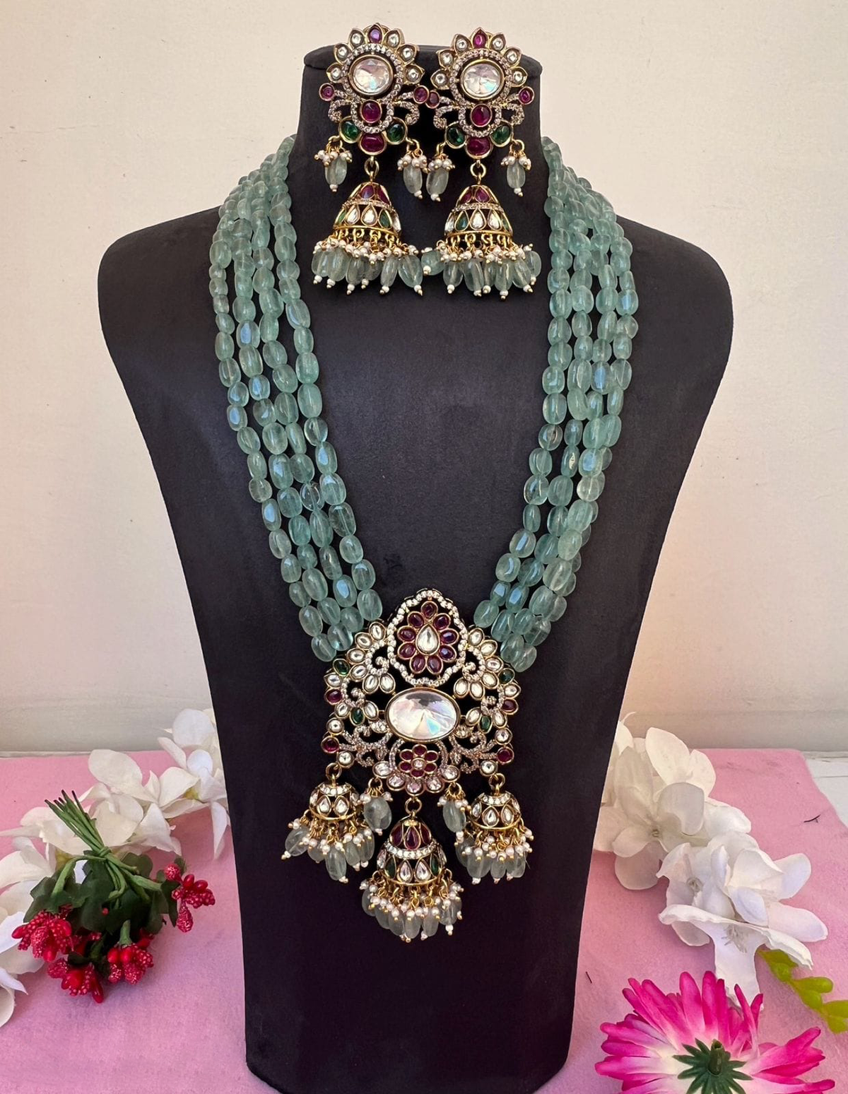 Indian Multi Layer Traditional Polki Necklace Earrings Set For Wedding