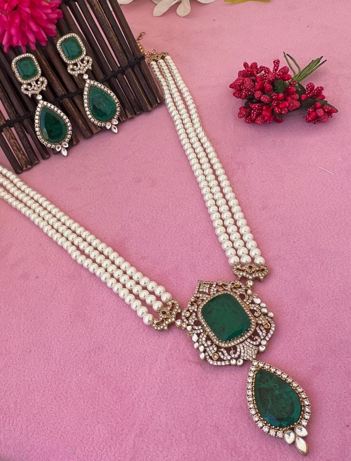 Wedding Gold Plated Polki Stone Work Necklace Earrings Set