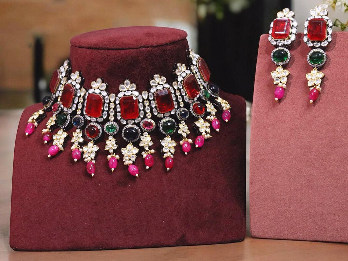 Square Polki Stone Floral Design Necklace Earrings Set For Women