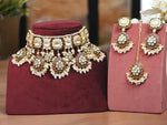 Teardrop Flower Design Kundan Choker Earrings Maangtikka Set For Wedding