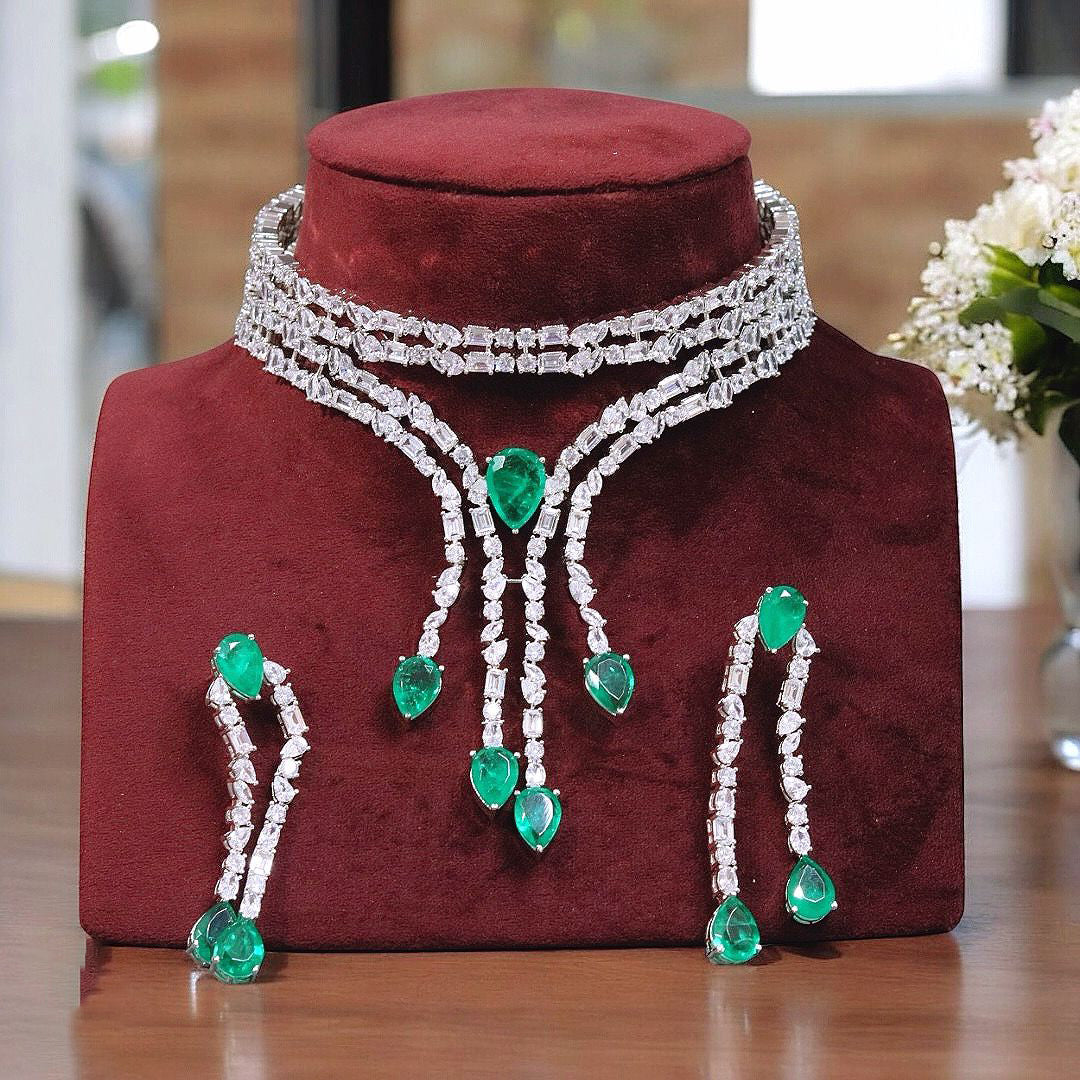 Silver Tone CZ Stone Work Bridal Necklace Set For Women