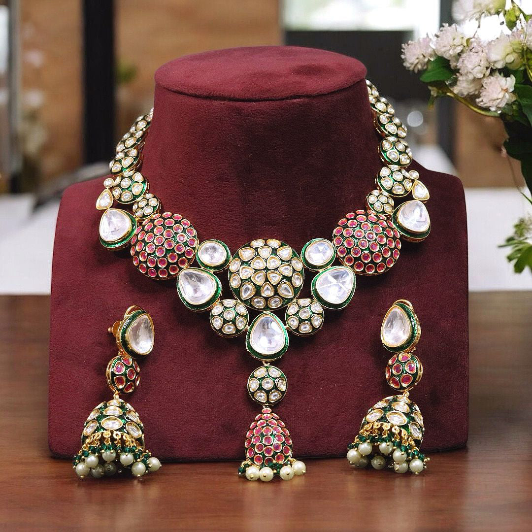Crafted Drop Round Shaped Wedding Choker Jhumki Set For Women