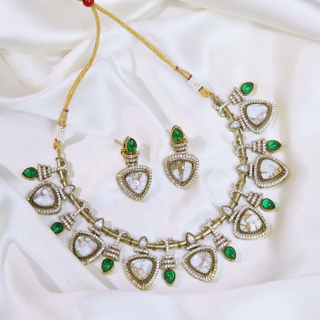 Pakistani Gold Tone American Diamond Choker Earrings Set For Wedding