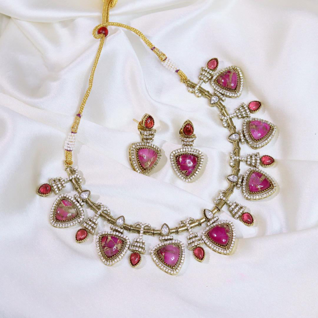 Pakistani Gold Tone American Diamond Choker Earrings Set For Wedding