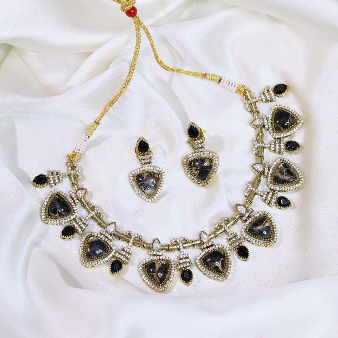 Pakistani Gold Tone American Diamond Choker Earrings Set For Wedding