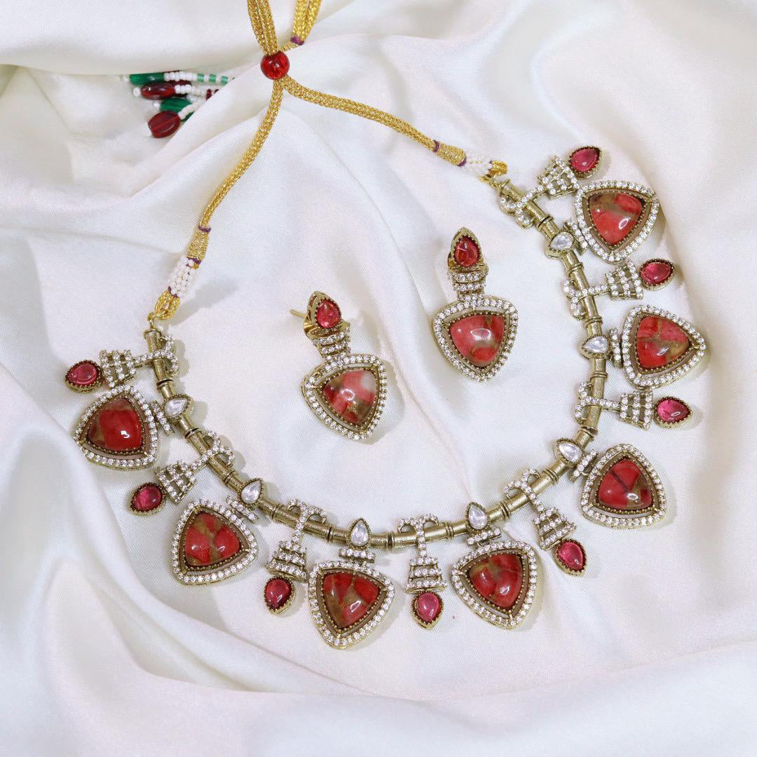 Pakistani Gold Tone American Diamond Choker Earrings Set For Wedding