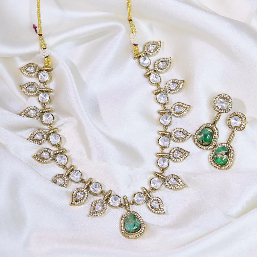 Jaipuri Cubic zirconia Stone Work Neclace Earrings Set For Wedding