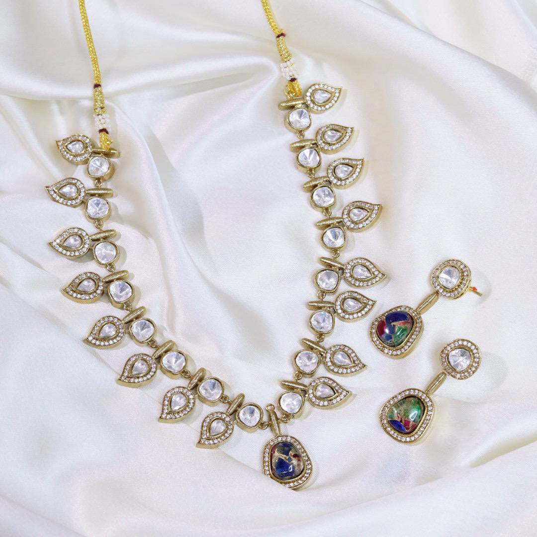 Jaipuri Cubic zirconia Stone Work Neclace Earrings Set For Wedding