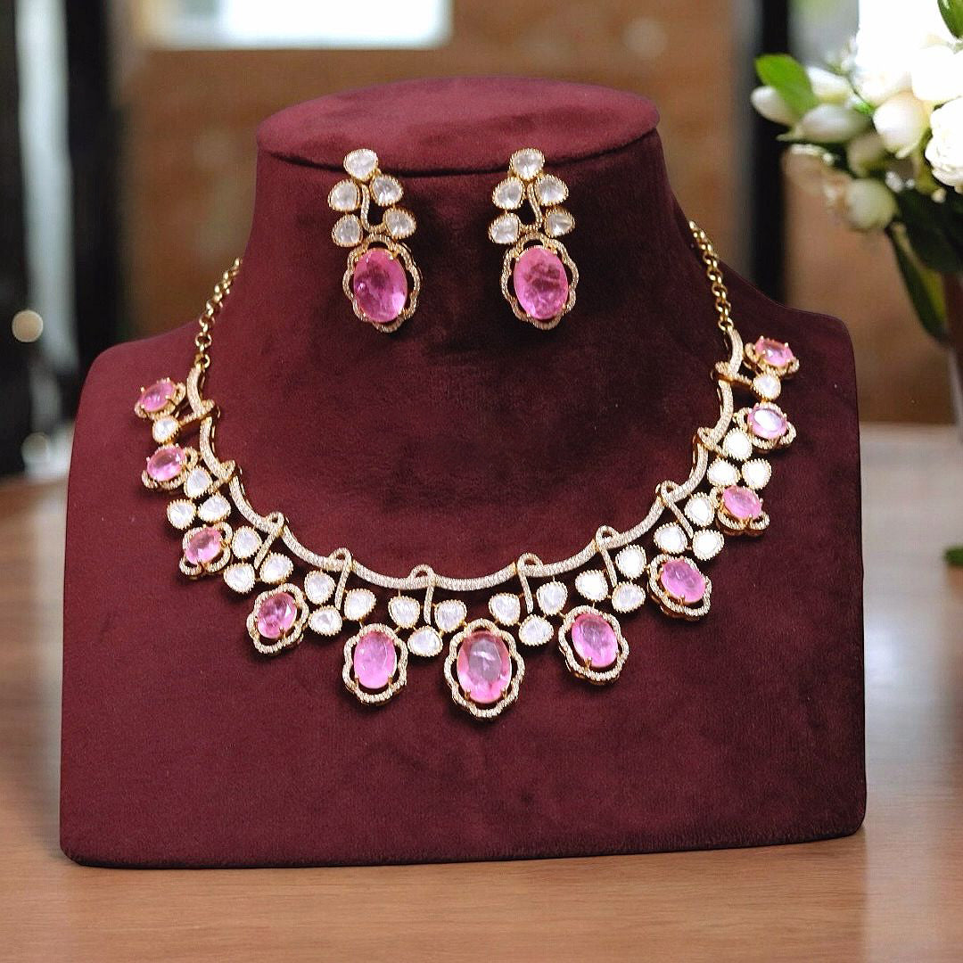 Pakistani Flower Design Polki Choker Kundan Earrings Set For Wedding