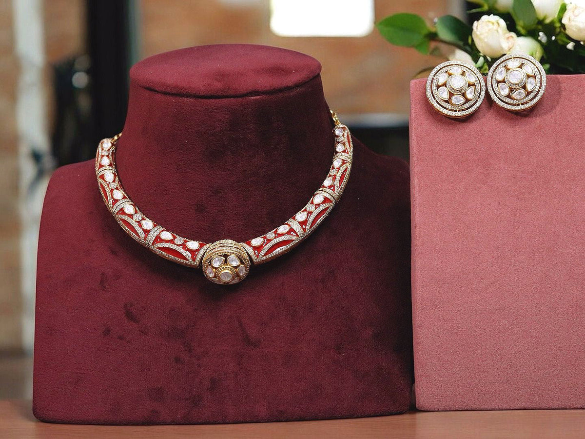 Indian Rajwadi Traditional Choker Earrings Kundan Jewelry For Women