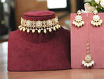 Gold Plated Floral Polki Choker Kundan Earrings Maangtikka Set For Women