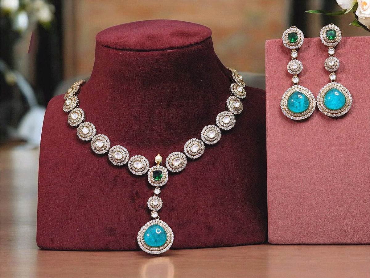 Wedding Silver Plated Polki Necklace Earrings Indian Jewelry