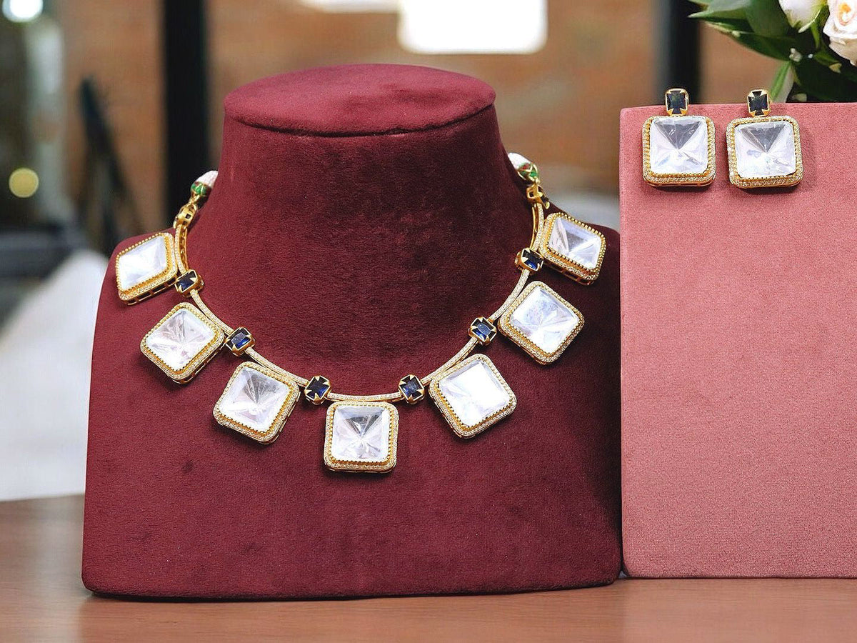 Square Polki Gold Plated Choker Earrings Set For Wedding