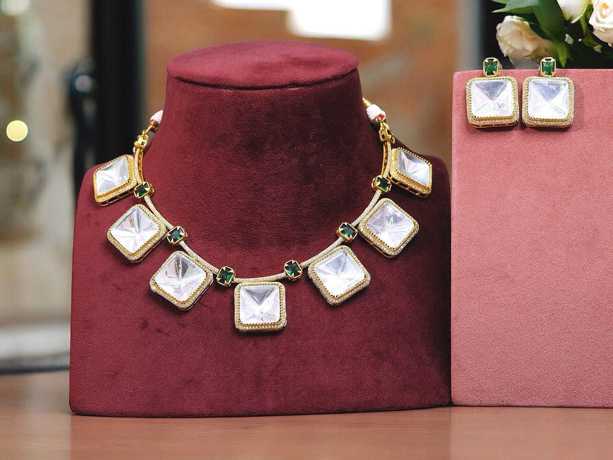 Square Polki Gold Plated Choker Earrings Set For Wedding