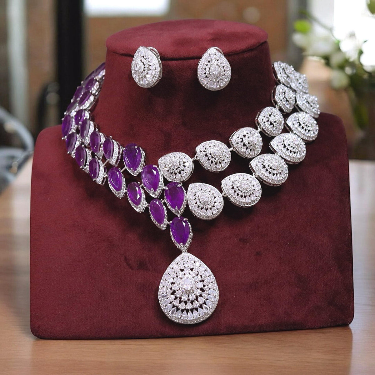 Silver Tone Teardrop Polki Necklace Earrings Indian Jewelry Set