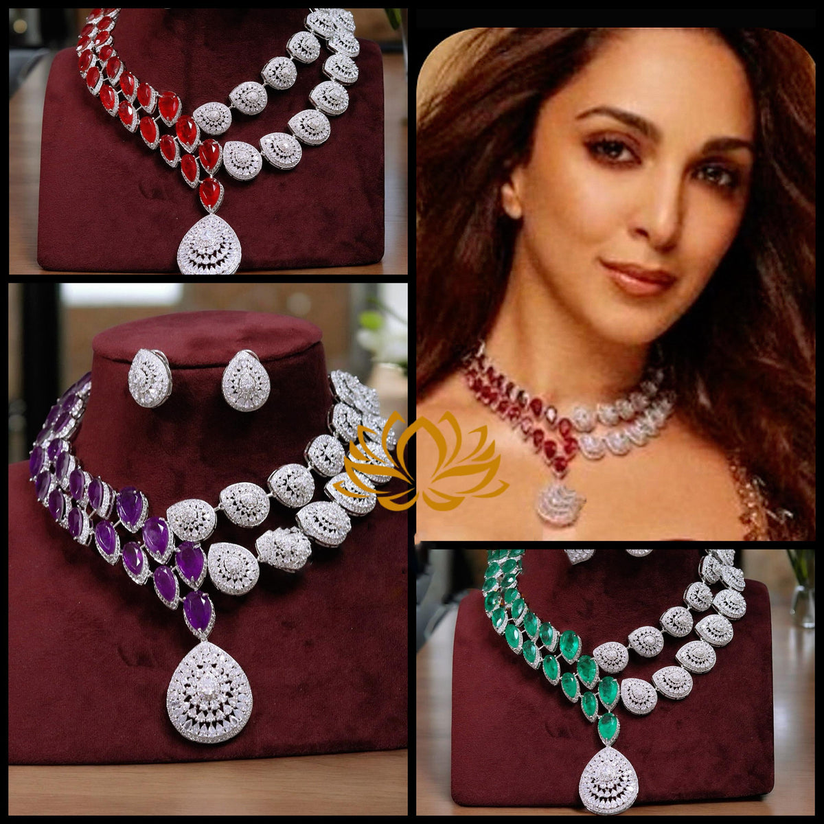 Silver Tone Teardrop Polki Necklace Earrings Indian Jewelry Set