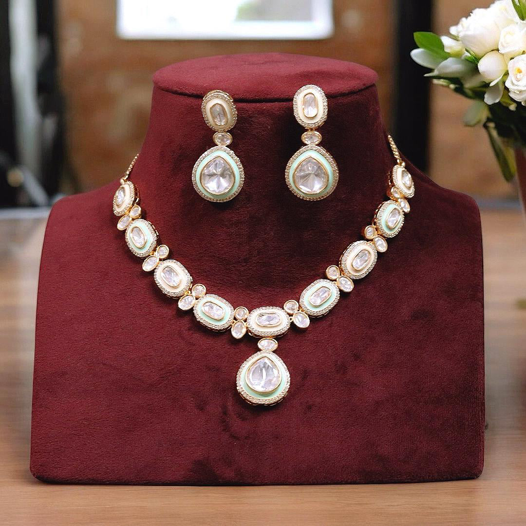 Gold Plated Silver Pale Green Kundan Choker Earrings Set | Kundan Jewelry | Indian Jewelry | Pakistani Necklace Set | Traditional Jewelry