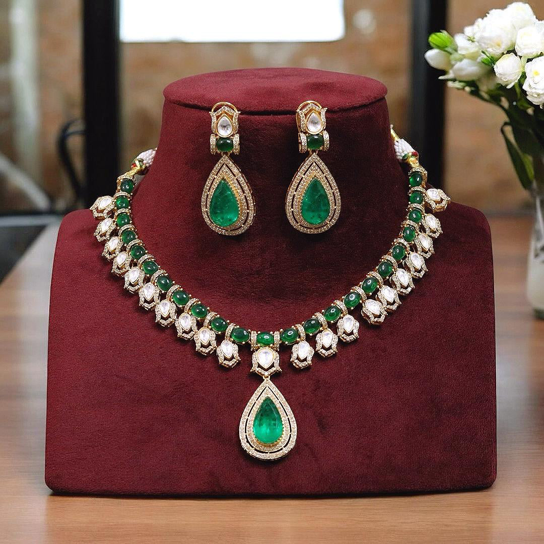 Rajasthani Green Teardrop Kundan Necklace Earrings Set | Kundan Jewelry | Indian Jewelry | Pakistani Necklace Set | Traditional Jewelry | Polki Necklace