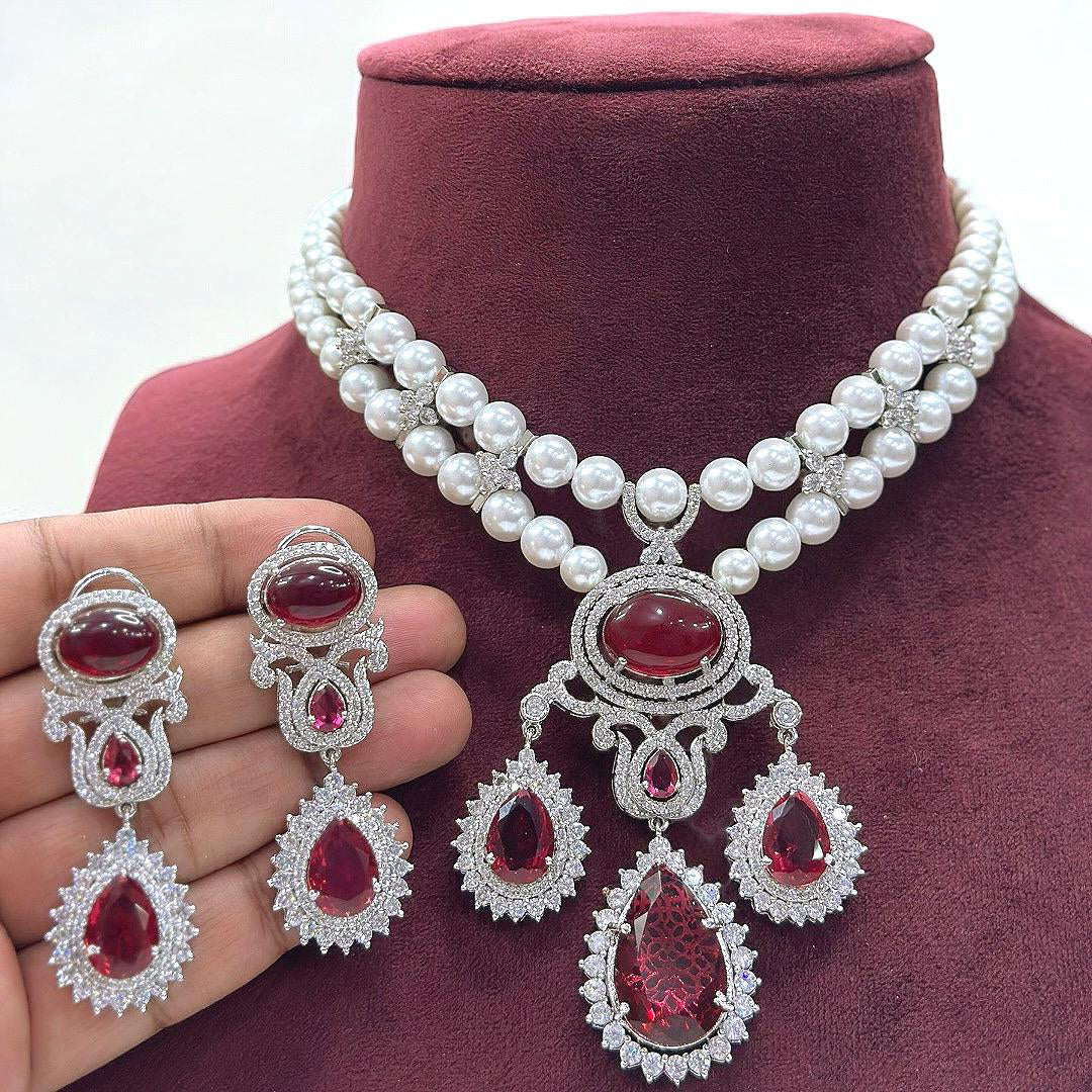 Nora Fatehi Inspired Red Silver Tone Polki Necklace Earring Set For Wedding