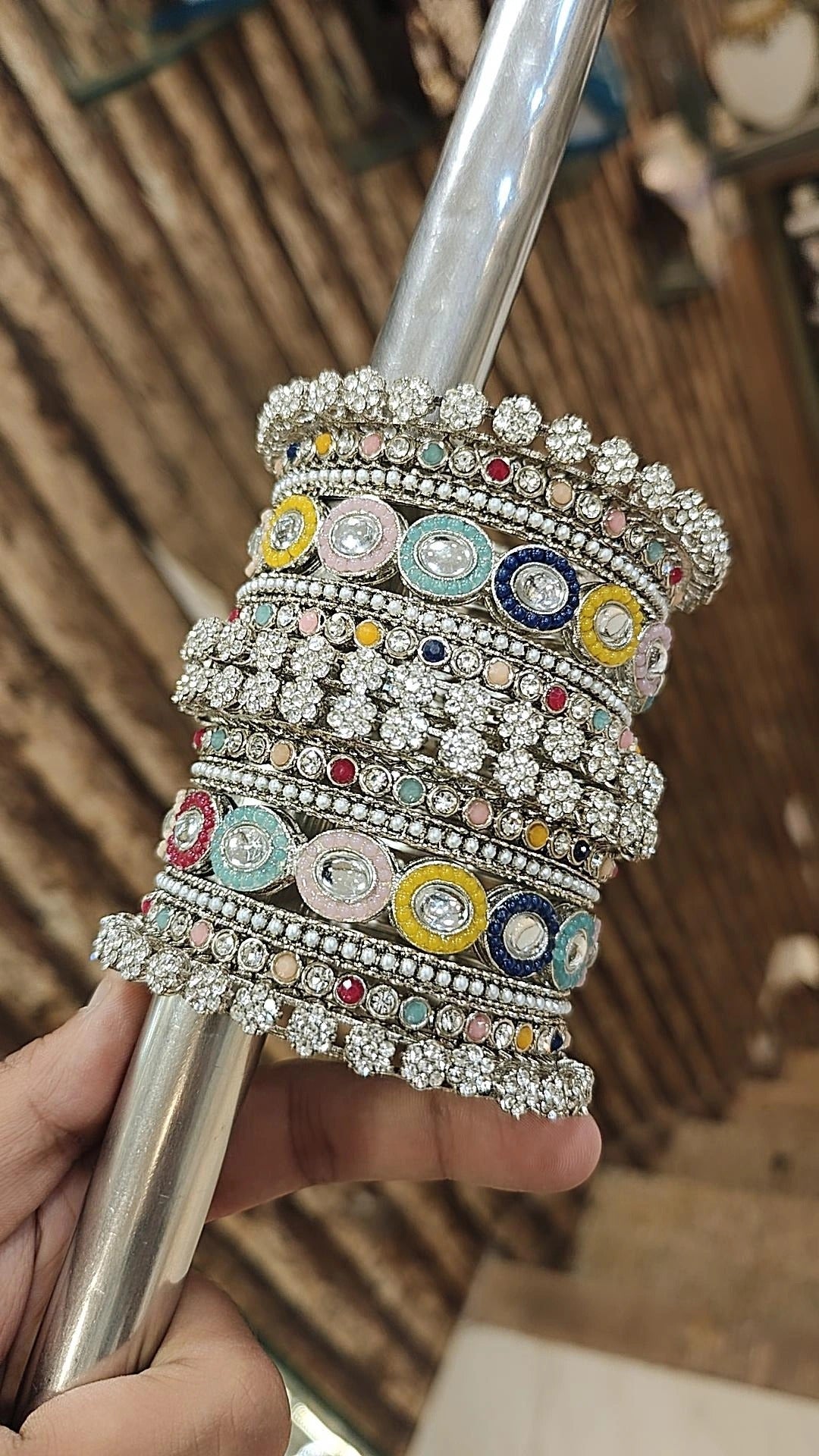Pakistani Multicolor Silver Finish Motif Bangle Chura Set For Wedding