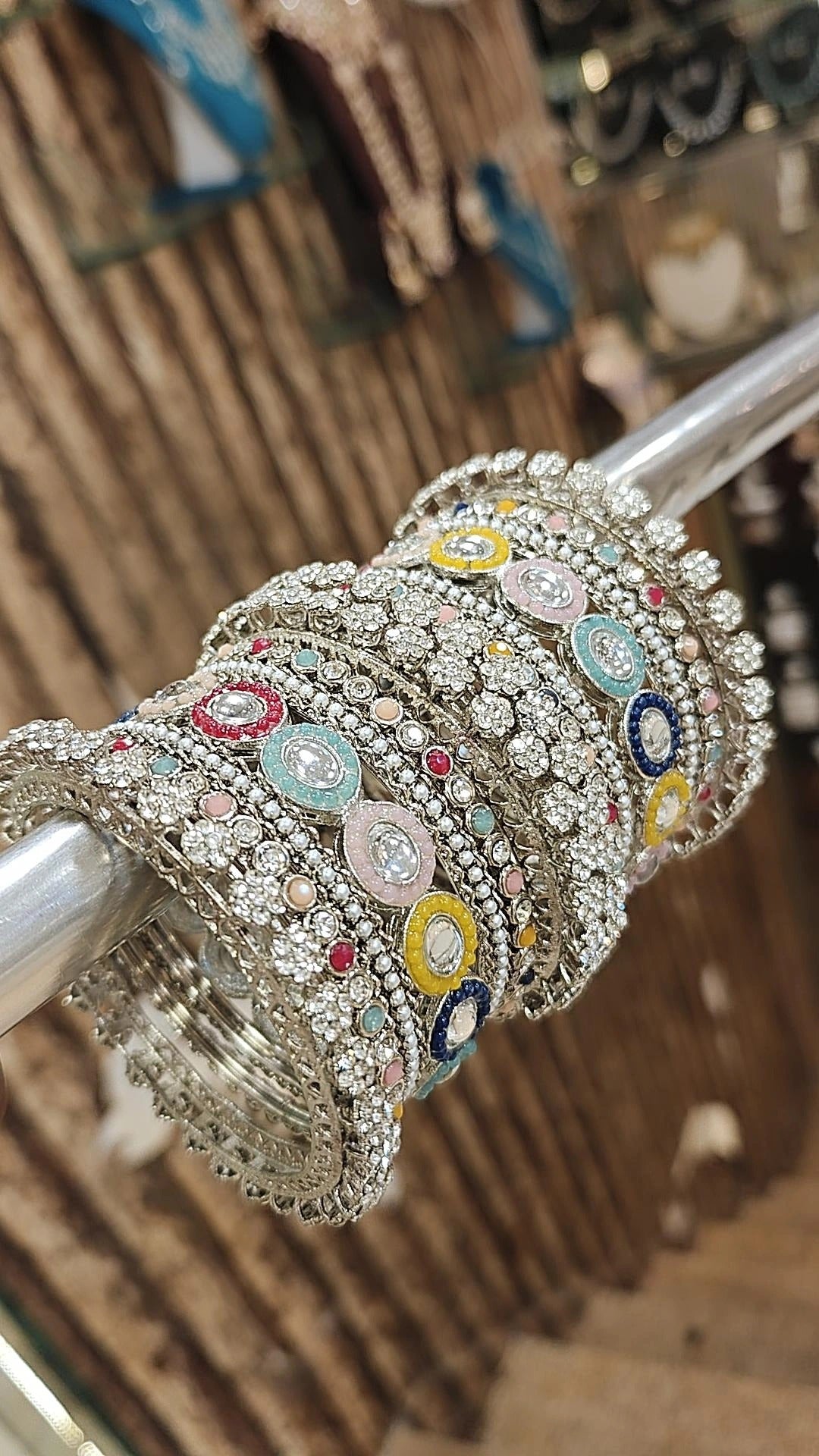 Pakistani Multicolor Silver Finish Motif Bangle Chura Set For Wedding