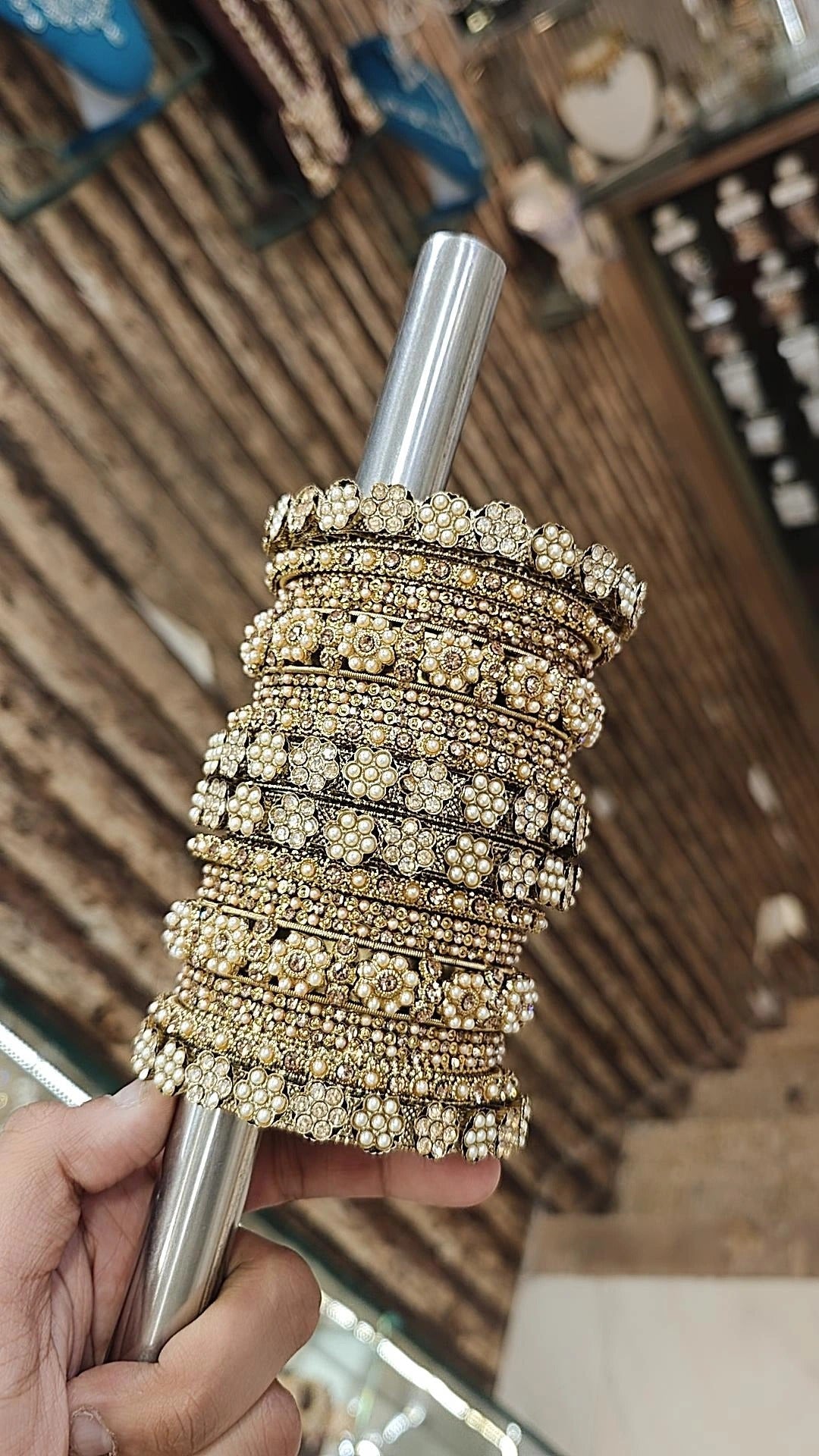 Indian Flower Design Golden Bangle Chura Set For Women