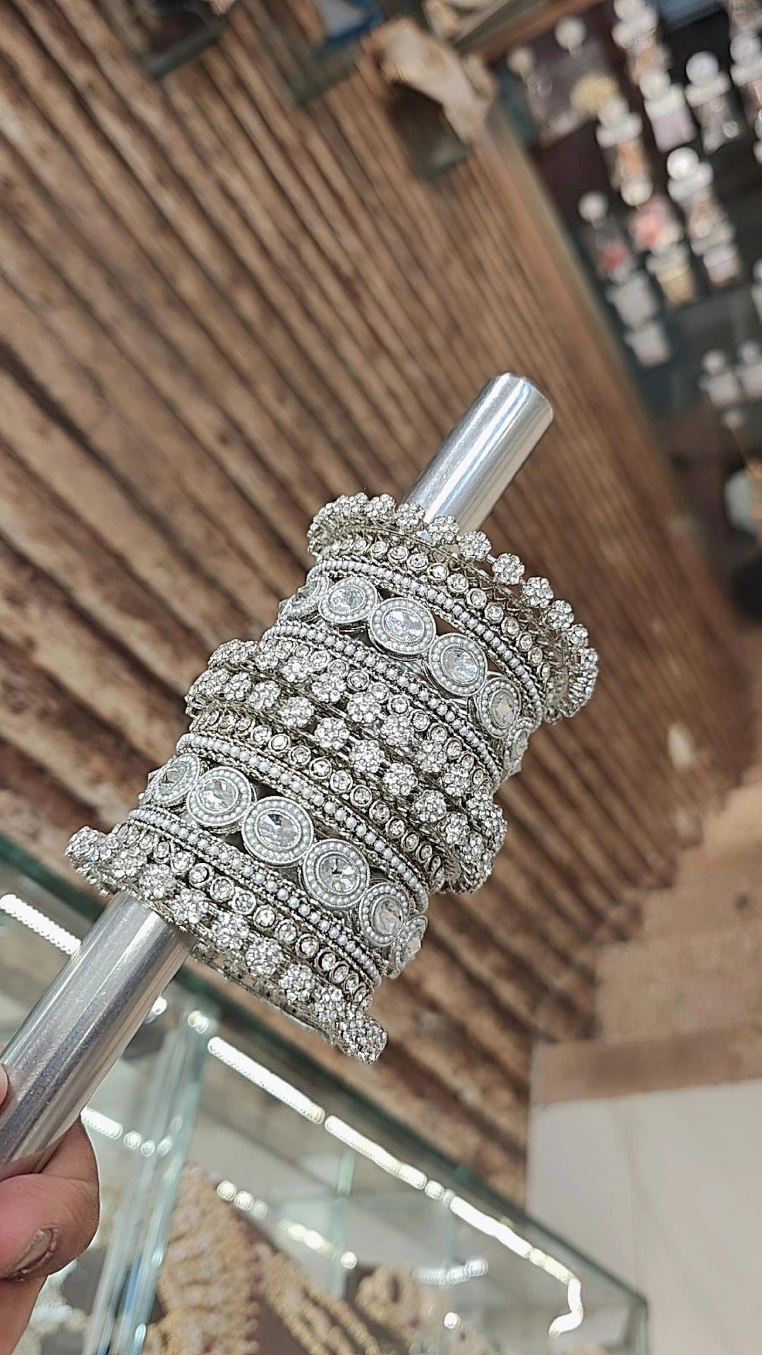 Traditional Silver Toned Floral Wedding Kada Chura Set For Women
