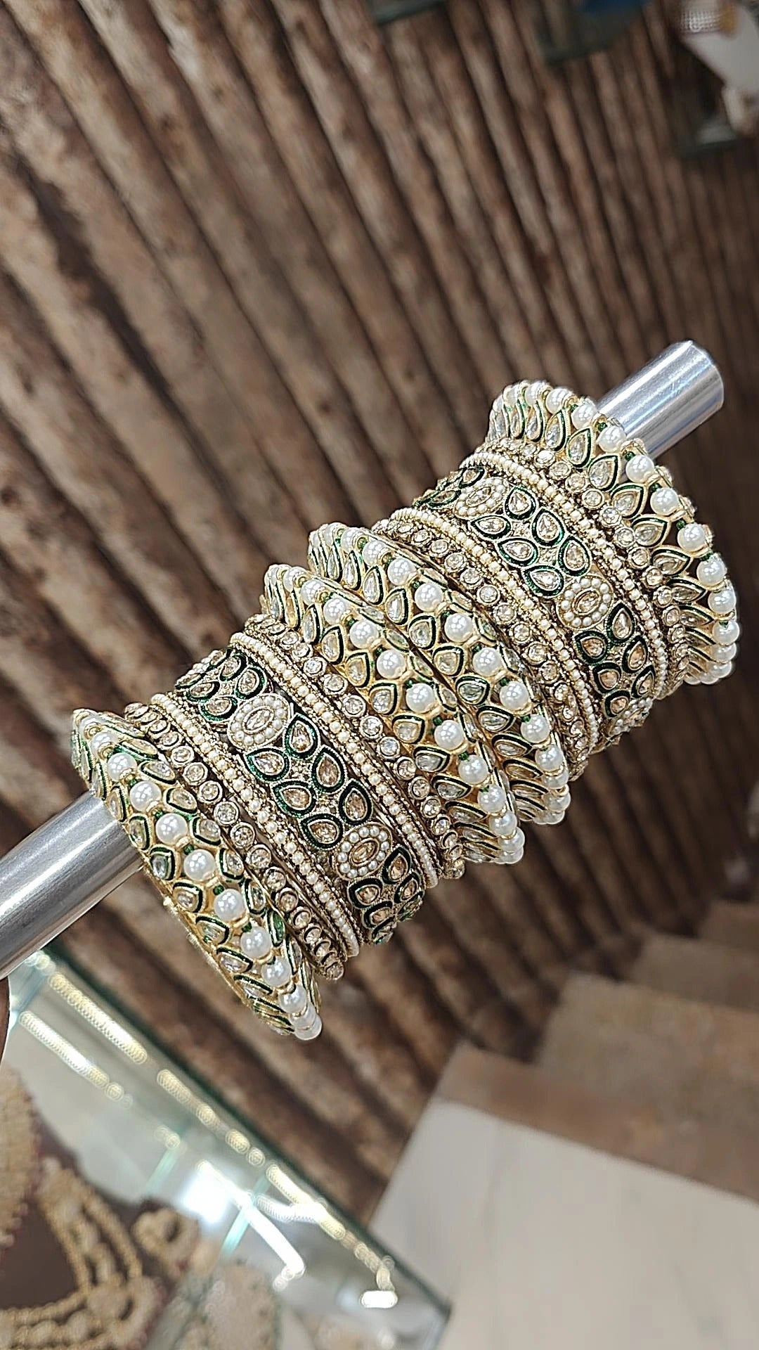 Indian Green Kundan Gold Plated Floral Design Bridal Chura Set For Wedding