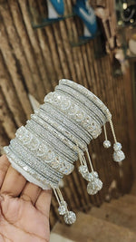 Silver Golden Royal Sparkle Bridal Bangle Chura With Jhaller Set For Wedding