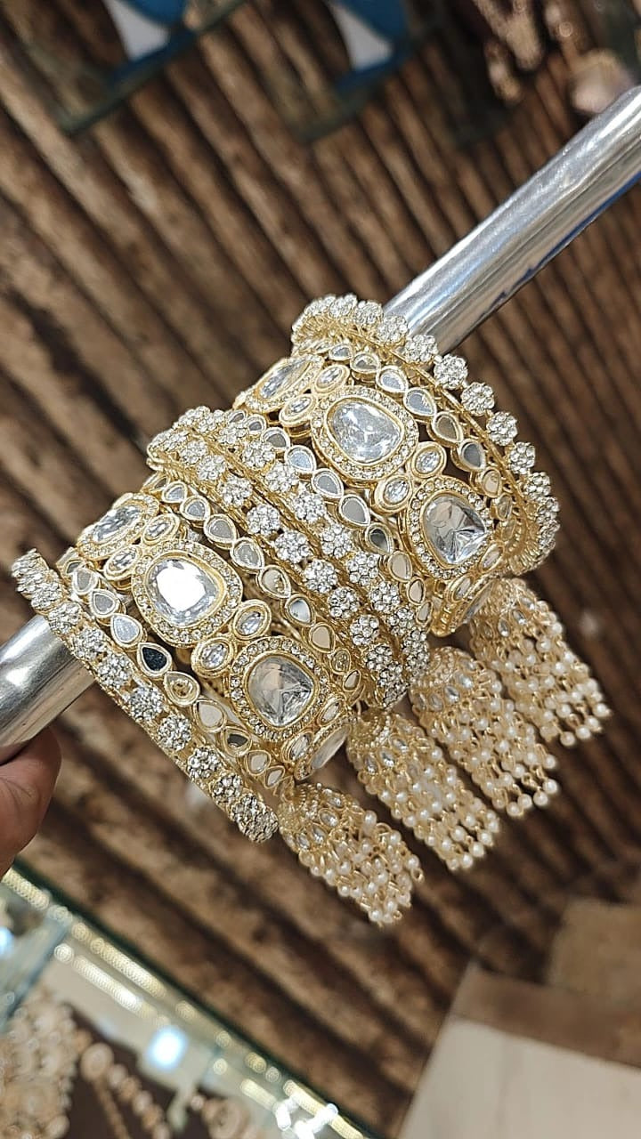 Indian Mirror Stone Kundan Work Bridal Chura With Jhumar Set For Wedding