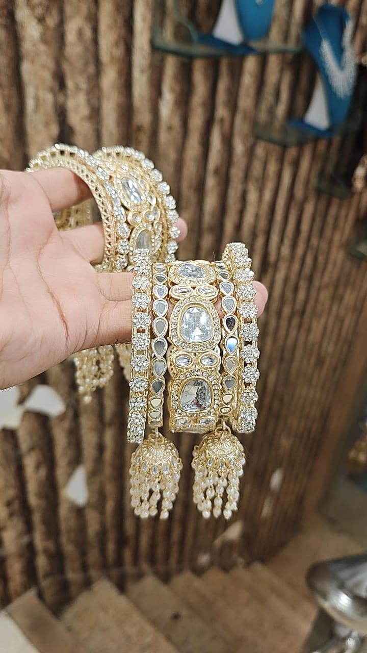 Indian Mirror Stone Kundan Work Bridal Chura With Jhumar Set For Wedding