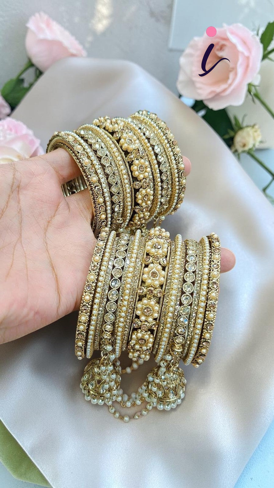 Moti Jhumar Stone Bangles Set with Elegant Copper Finish | Traditional Pearl Bridal Bangles for Women