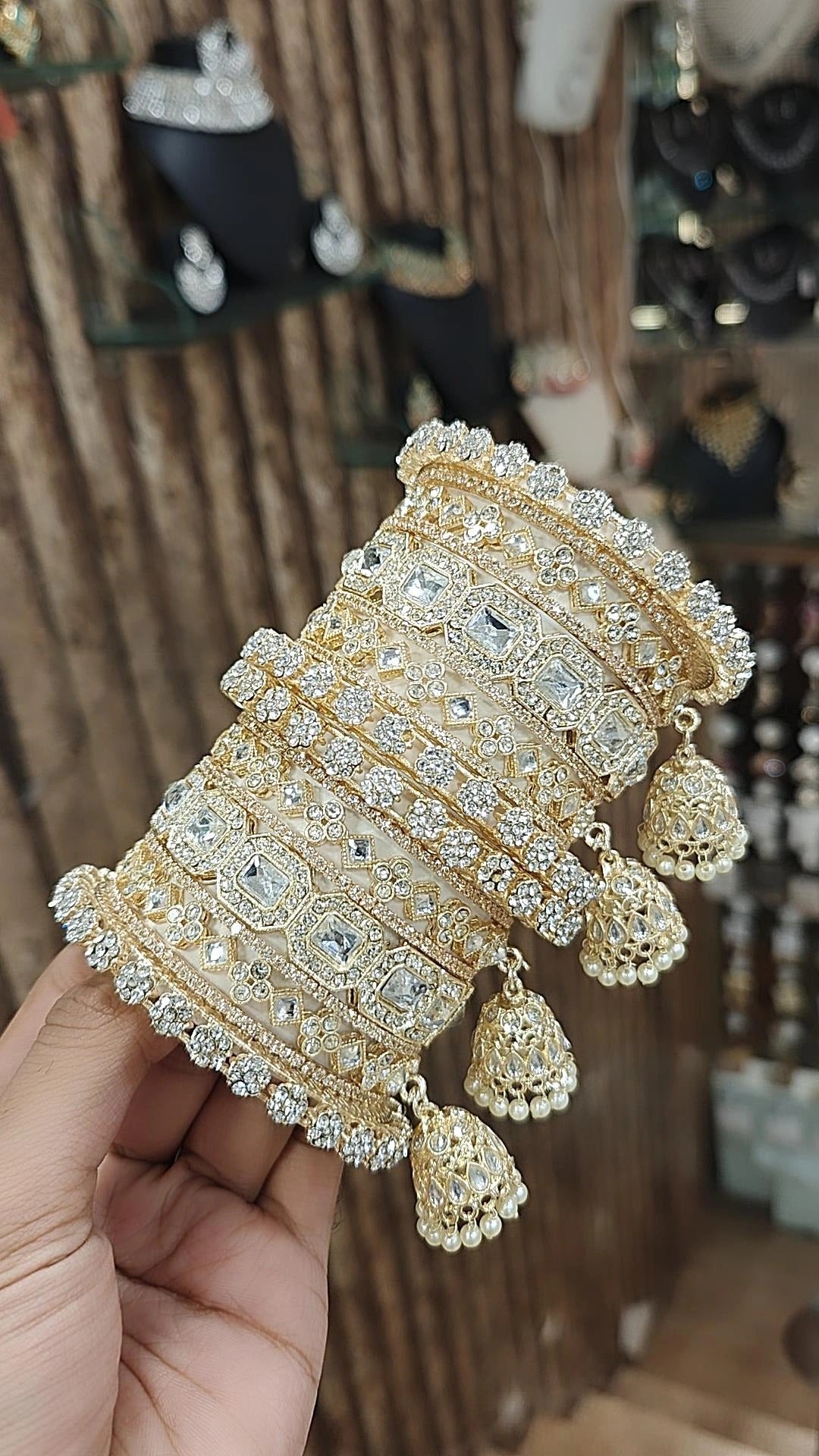 Square Style Light Golden Stone Work Bangle Jhumki With Kada Set | Pakistani Bangle Set | Pakistani Jewelry | Traditional Jewelry