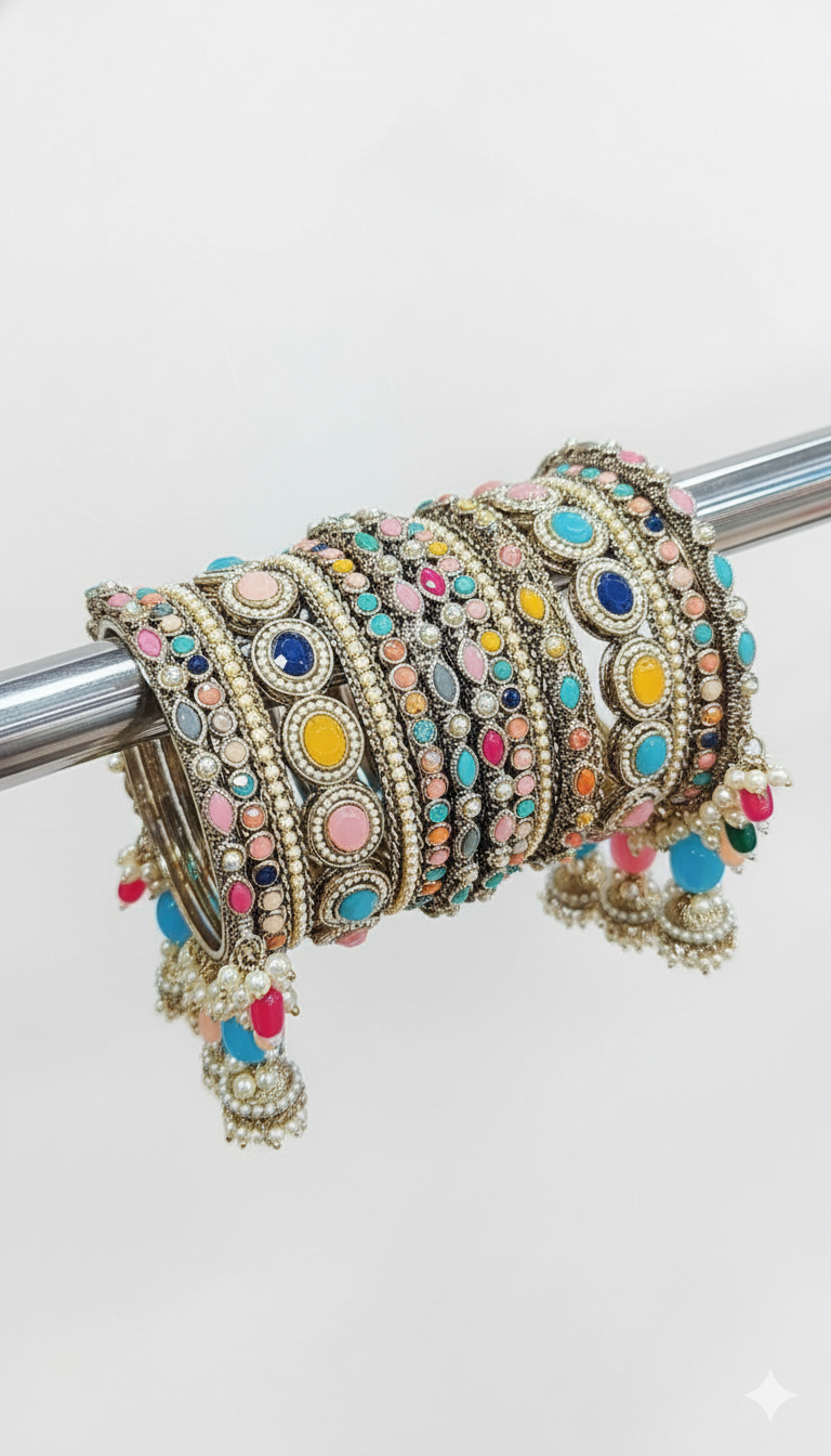 Royal Irani Multi-Stone Bangles Set with Moti Jhumar Design - Libasaa.com