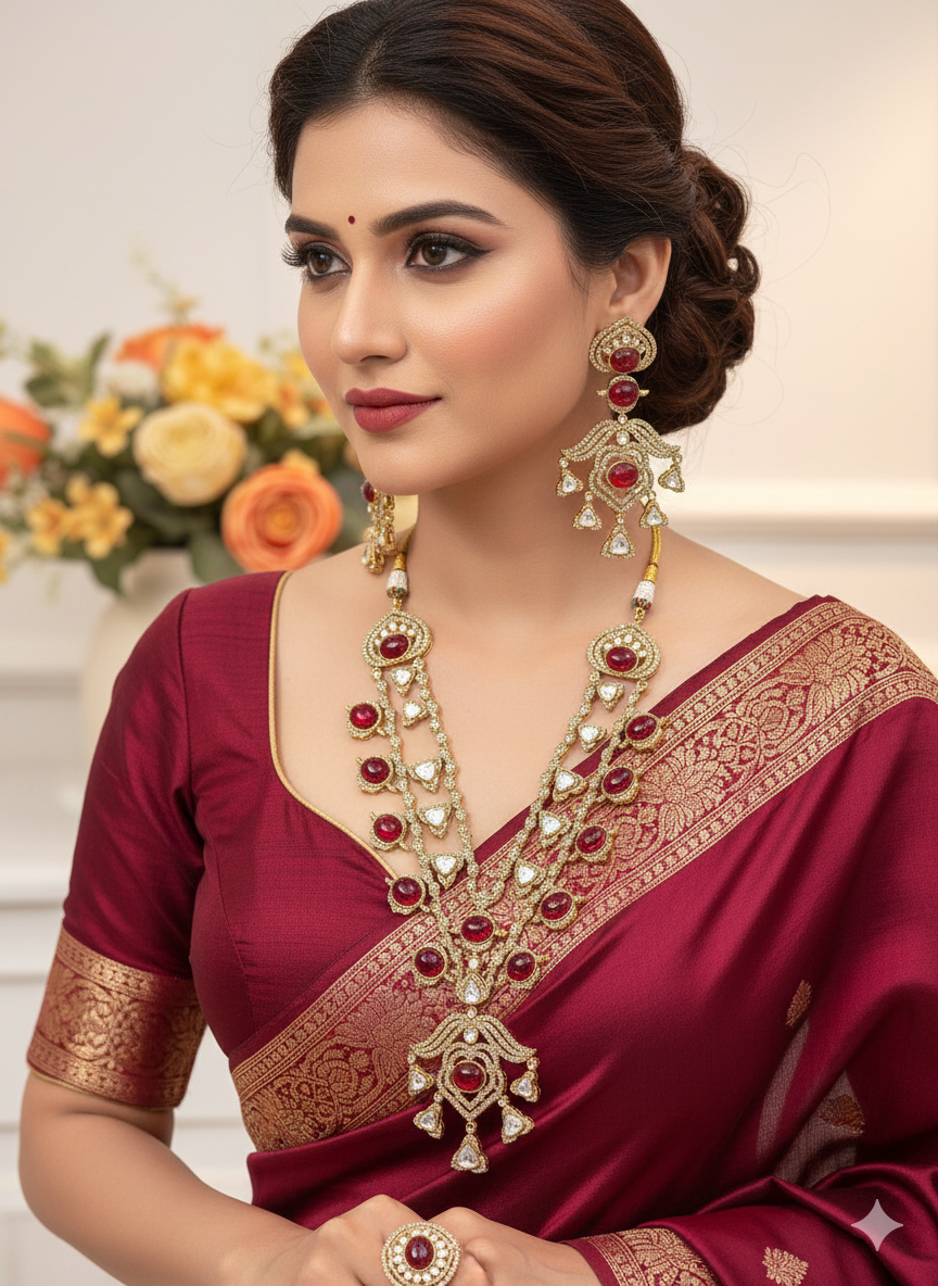 Royal Kundan & Ruby Red Stone Long Necklace (Haar) Set with Matching Earrings and Ring
