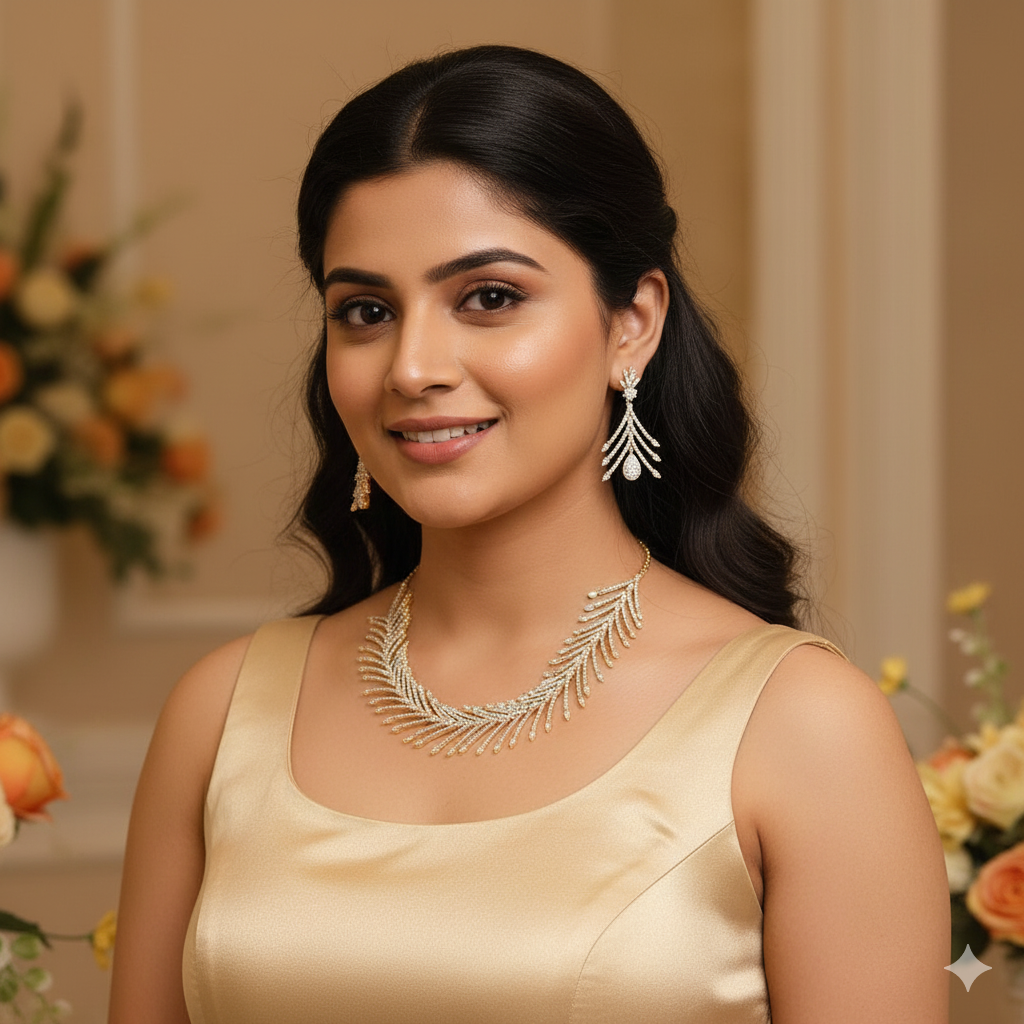 Feather & Diamond-Look Necklace Jewellery Set | American Diamonds Indian Necklace Set with Earrings | Premium Indian Jewellery