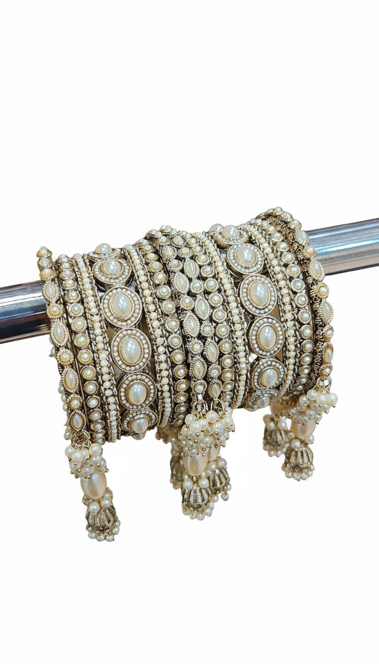 Royal Irani Multi-Stone Bangles Set with Moti Jhumar Design - Libasaa.com