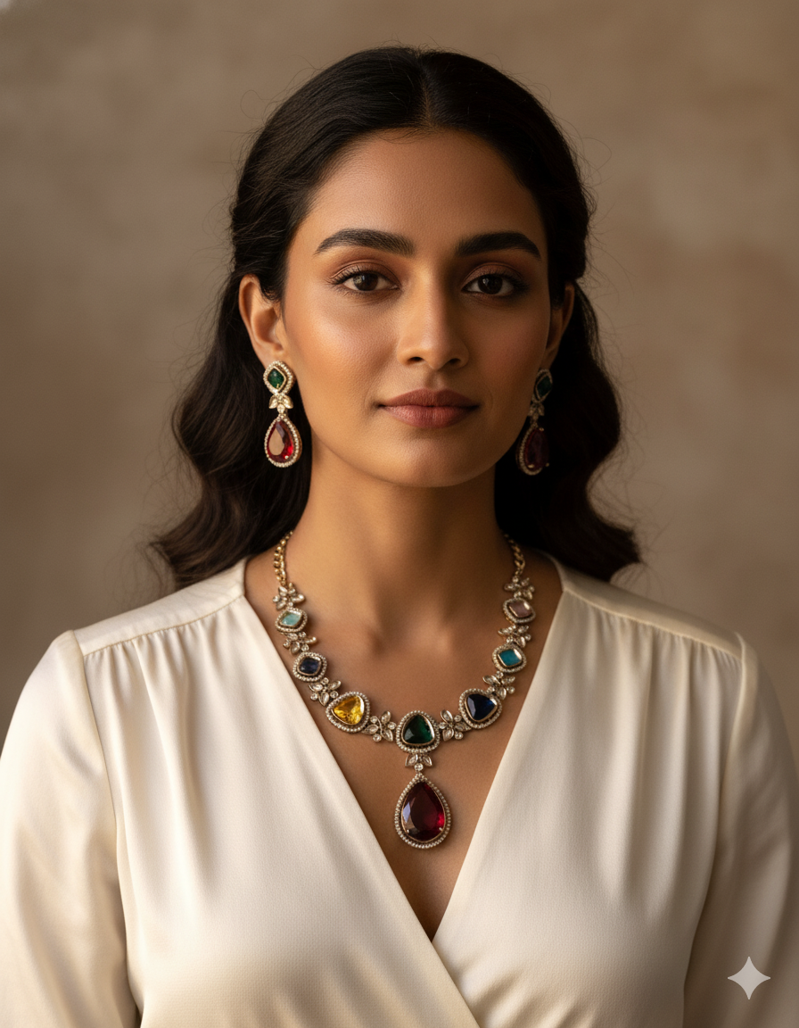 Multicolor Teardrop Gemstone & Gold-Toned Necklace Set - Libasaa.com