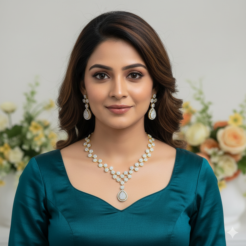 CZ Diamond Necklace Jewellery Set | Elegant Silver-Tone Indian Necklace Set with Matching Earrings | Premium Indian Jewellery