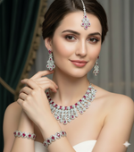 Bridal Premium Silver CZ Jewellery Set | Stone Jewellery Indian Necklace Set with Maang Tikka, Earrings & Kada | Complete Bridal Indian Jewellery Set