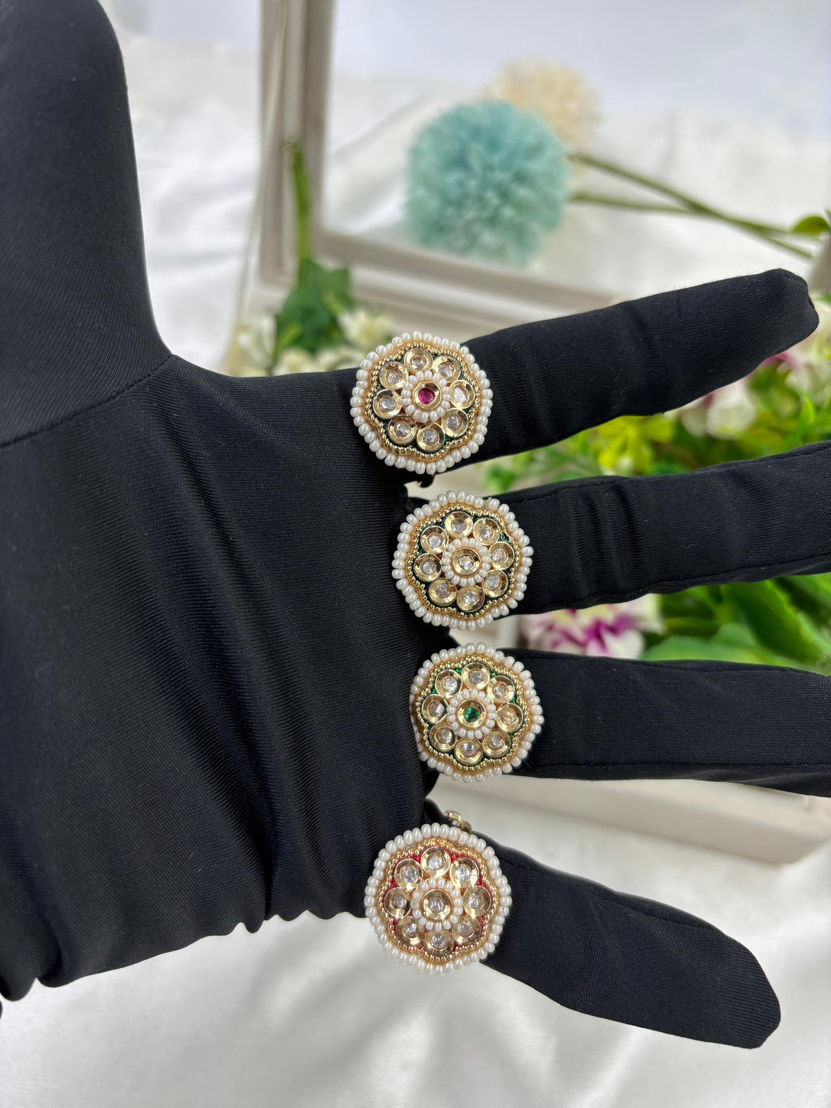 Premium Moissanite Kundan Finger Ring – Adjustable Bridal Jewelry