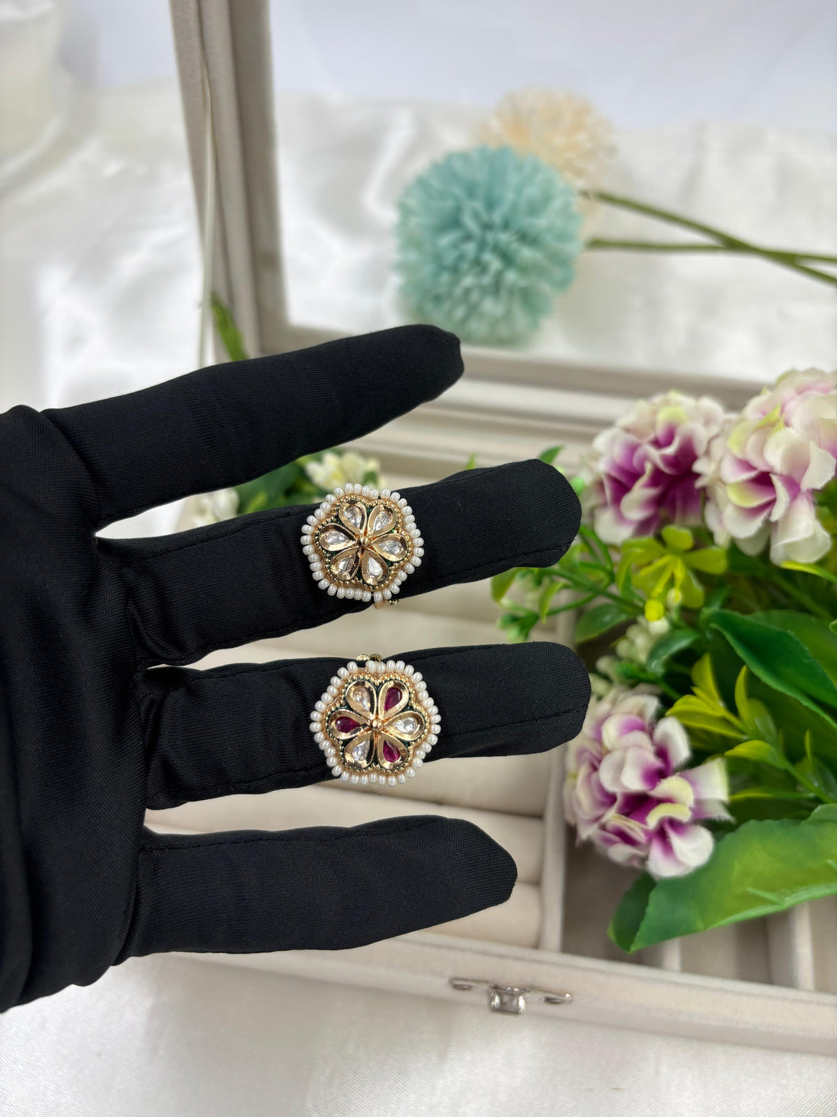 Nat Premium Moissanite Kundan Finger Ring – Adjustable Bridal Jewelry