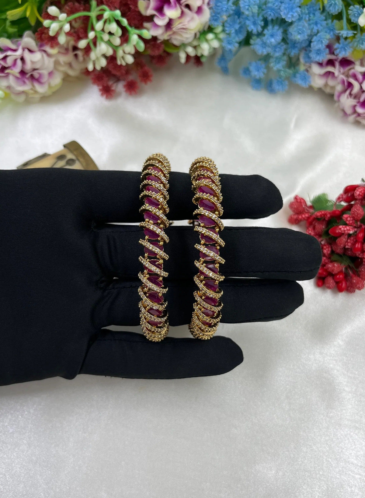 Gold-Tone Stone Kada Bangles with Diamond Accents | Indian Jewellery | Premium Indian Kada Set for Women